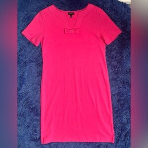 Talbots Petites | Hot Pink Short Sleeve Tee Shirt Dress Split V Neck / Bow Tie